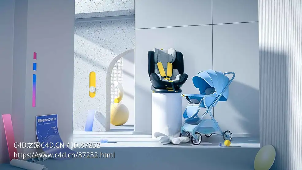 Cinema 4D Octane高精度婴儿车儿童安全座椅母婴产品电商场景渲染模型全套含贴图材质工程文件下载