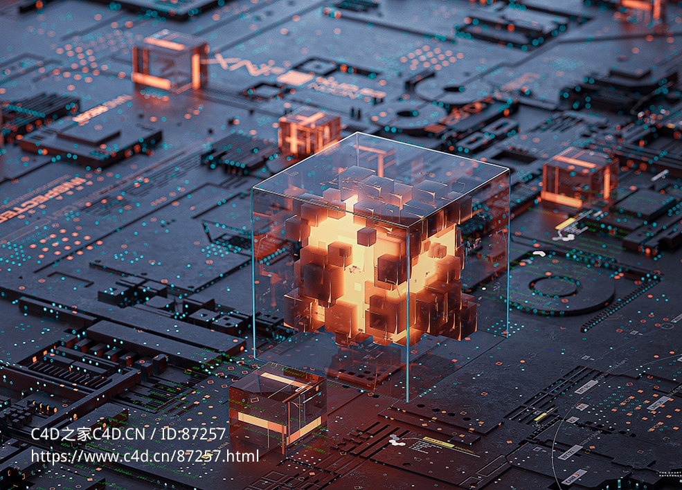 高精度C4D OCTANE渲染科技芯片电路板方盒未来城市主板三维模型工程文件下载资源