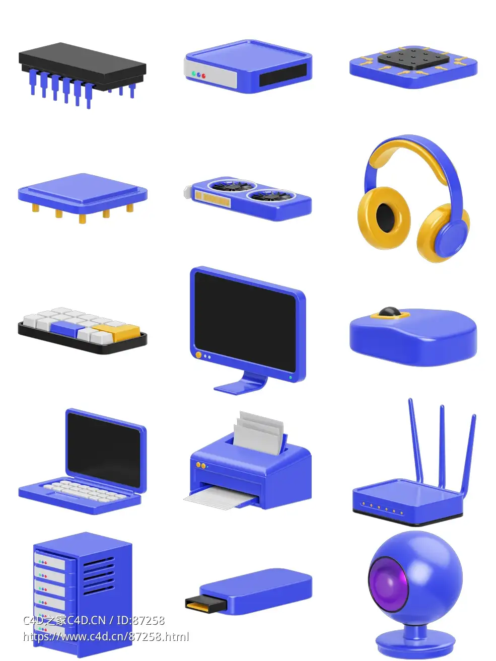15套全新蓝色科技电脑硬件设备卡通立体3D图标模型套装，支持C4D/FBX/Figma格式含高质量贴图材质下载
