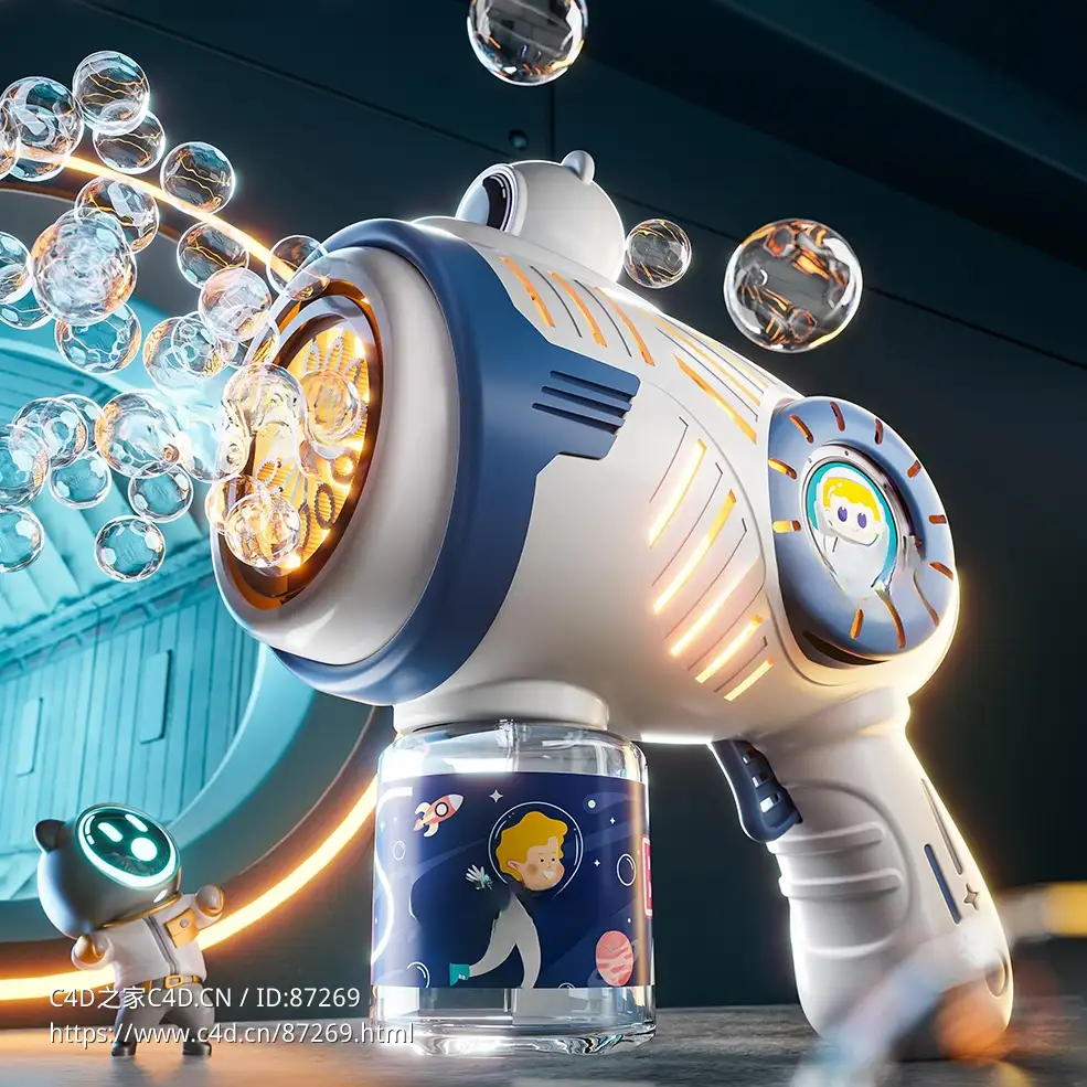 高精度C4D Octane太空泡泡枪模型工程含小机器人泡泡特效贴图适用于科幻动画儿童玩具渲染制作