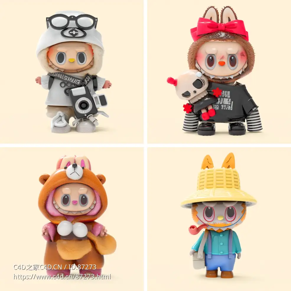 高精度Labubu卡通潮玩3D模型合集免费下载支持MAX C4D OBJ FBX格式含贴图材质适用多软件渲染场景