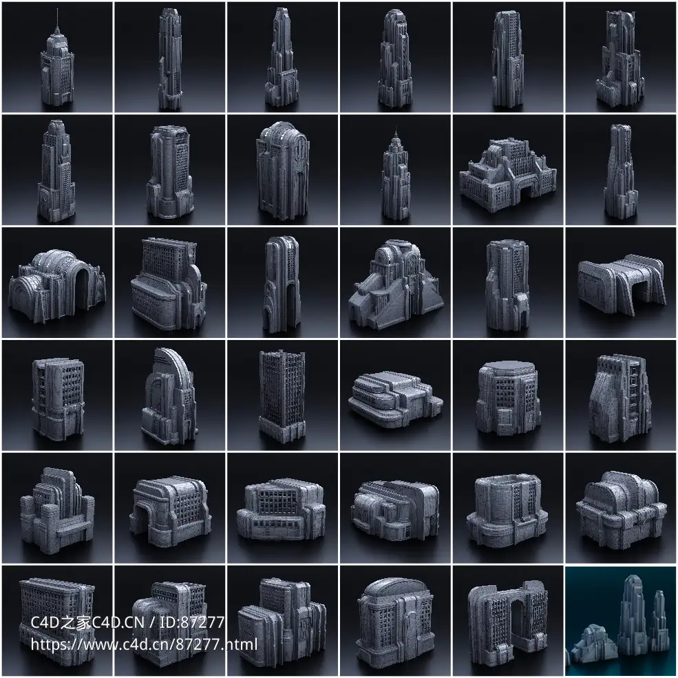 超高质量未来城市装饰艺术风格建筑3D模型套装支持C4D/Blender/FBX/OBJ多格式城市快速搭建Art Deco - City Kitbash - C4D之家 - 1.jpg