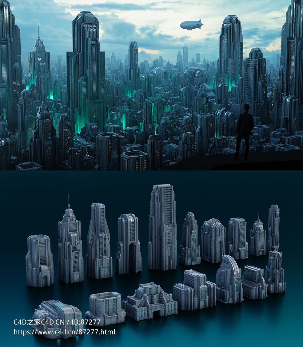 超高质量未来城市装饰艺术风格建筑3D模型套装支持C4D/Blender/FBX/OBJ多格式城市快速搭建Art Deco - City Kitbash