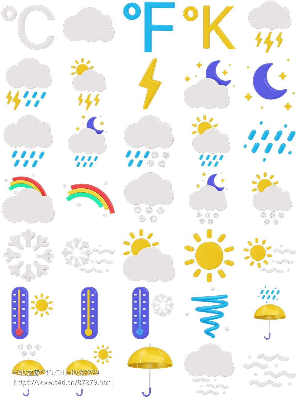 35个高清卡通3D立体天气图标模型大全，支持多种天气状态及温度显示，适配各类可视化产品平台与APP UI设计Weather 3D Icon Set