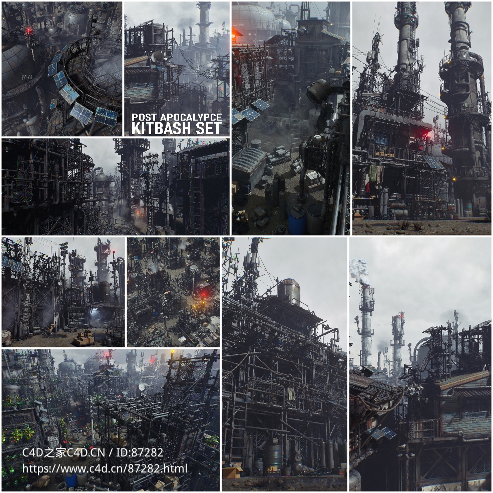 65个后启示录工业废墟幸存者环境场景赛博朋克钢铁机械工厂模块化3D模型资源套装高精度贴图合集Post Apocalypse Survivor Environment Kitbash set