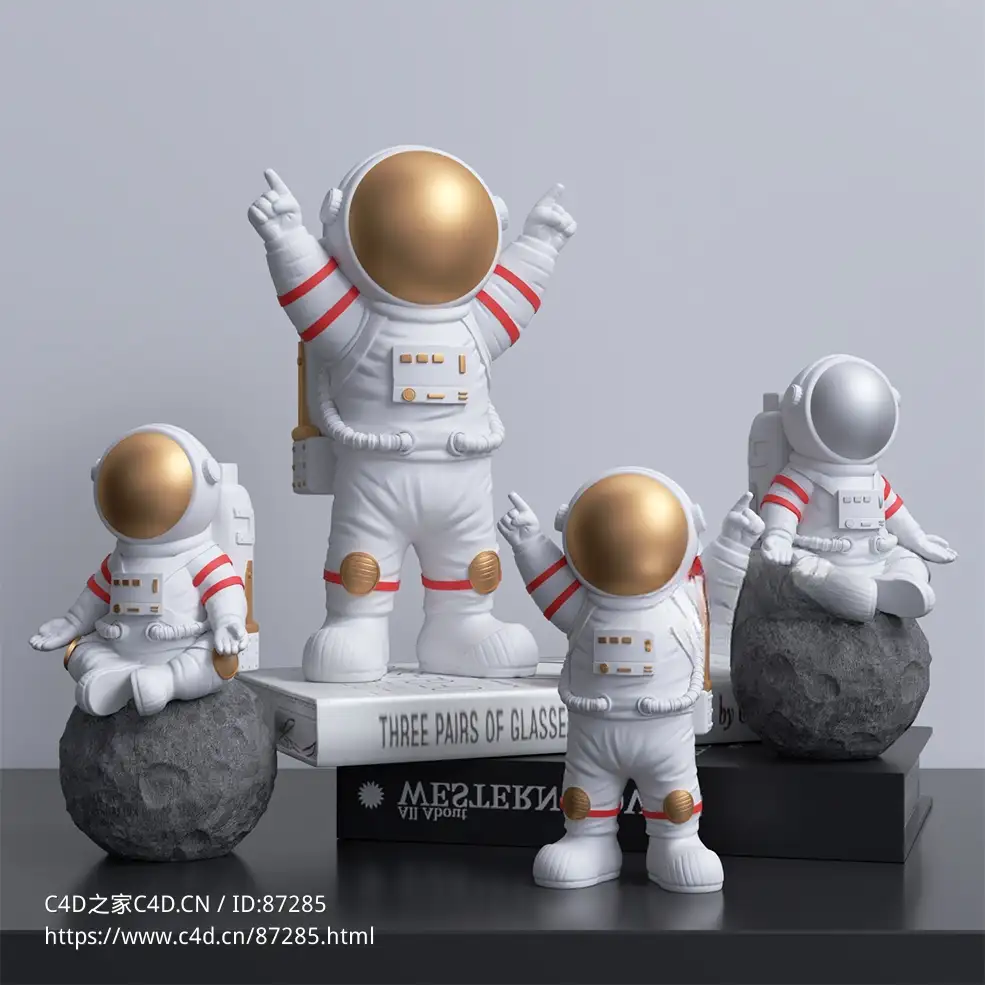 高精度太空航天员玩偶摆件C4D VRay渲染3D模型工程含贴图材质-宇航员书本与月球装饰数字模型下载