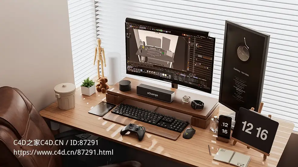 高精度现代窗边电脑桌书房办公场景C4D模型含Redshift材质贴图多配件可编辑3D模型资源下载