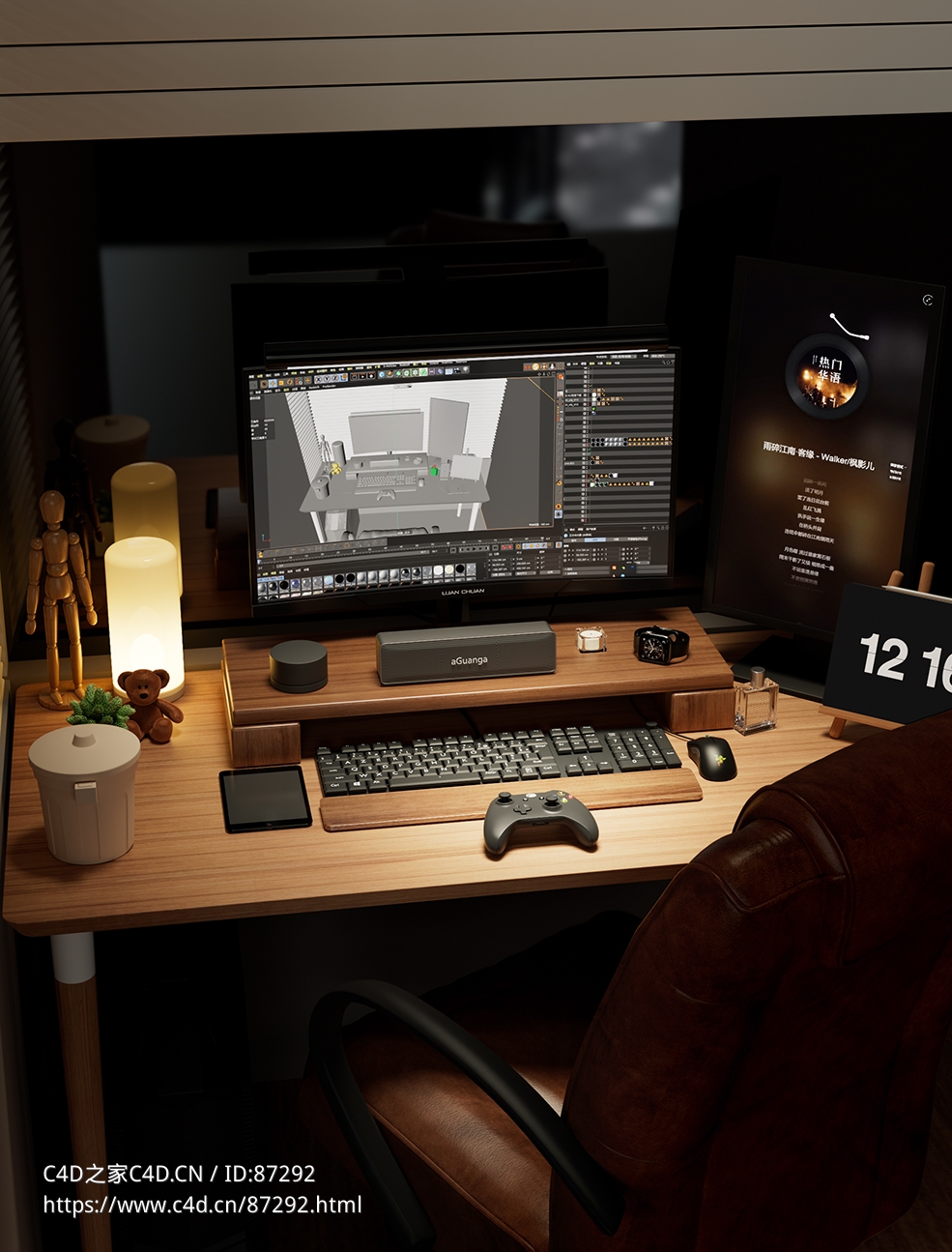 夜晚窗边现代书房高精度电脑桌显示器与办公配件Redshift渲染C4D三维模型工程含完整贴图材质