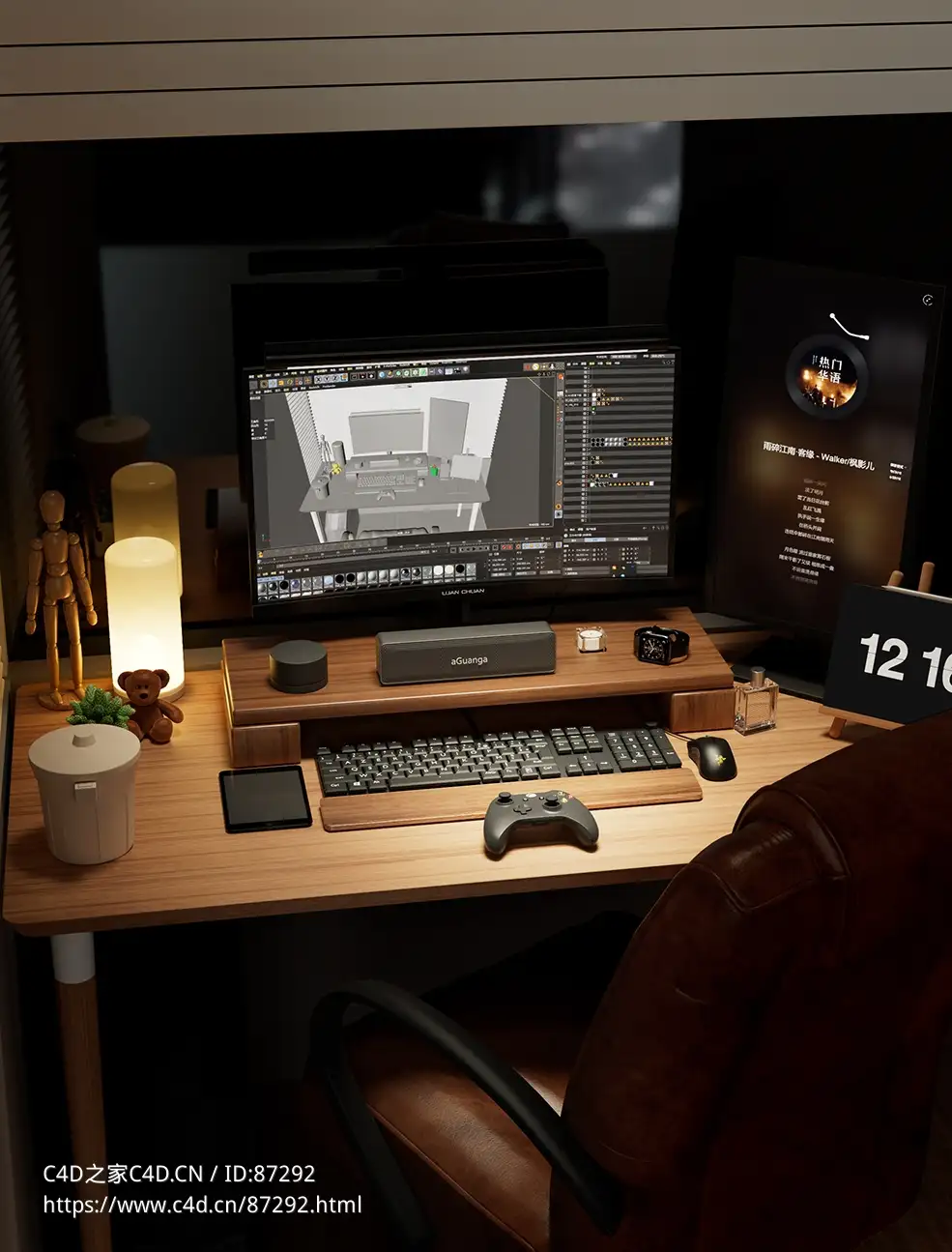 夜晚窗边现代书房高精度电脑桌显示器与办公配件Redshift渲染C4D三维模型工程含完整贴图材质