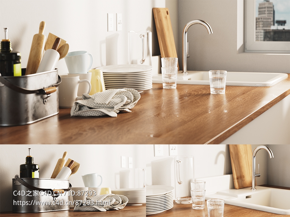 现代简约高精度厨房水龙头餐具杯子等生活用品C4D Redshift渲染3D模型工程含贴图材质资源下载