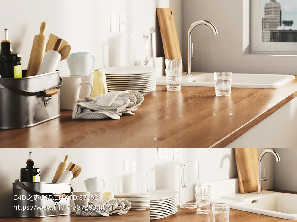 现代简约高精度厨房水龙头餐具杯子等生活用品C4D Redshift渲染3D模型工程含贴图材质资源下载