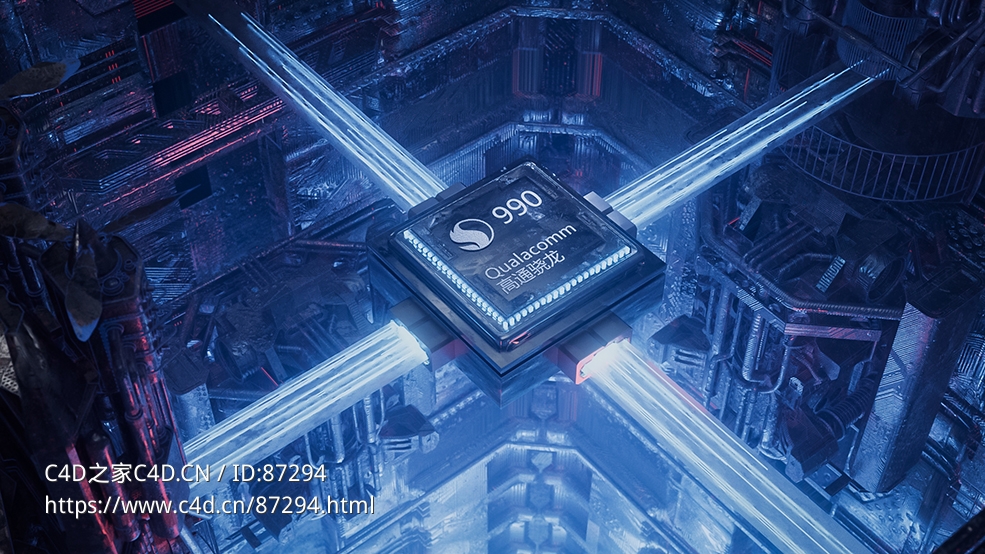 高通骁龙990蓝色科技感科幻CPU芯片C4D Redshift渲染3D模型工程含贴图材质个人学习参考资源