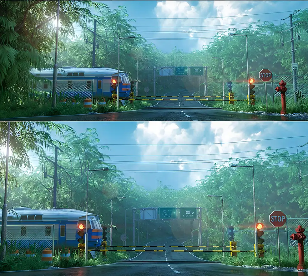 高精度C4D Octane渲染火车穿越公路铁路场景模型含贴图材质全元素写实还原工程源文件免费下载