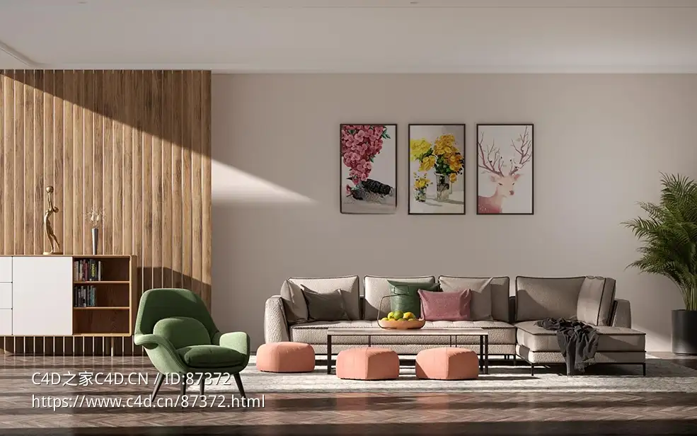 C4D Octane高精度现代风格室内客厅三维模型工程全套（含边柜壁画沙发绿植贴图材质等多元素搭配）