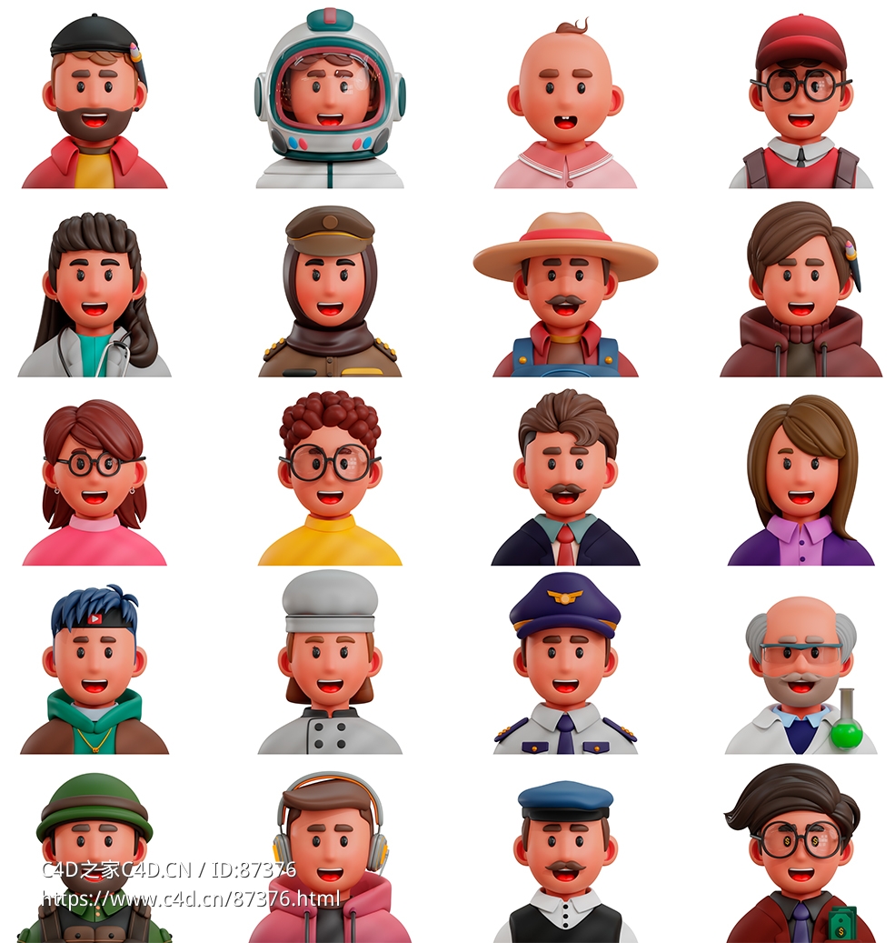 20组高精度卡通风格不同行业职业人物3D模型合集，兼容多平台多格式适用于多种数字创意场景3d Professions Icon