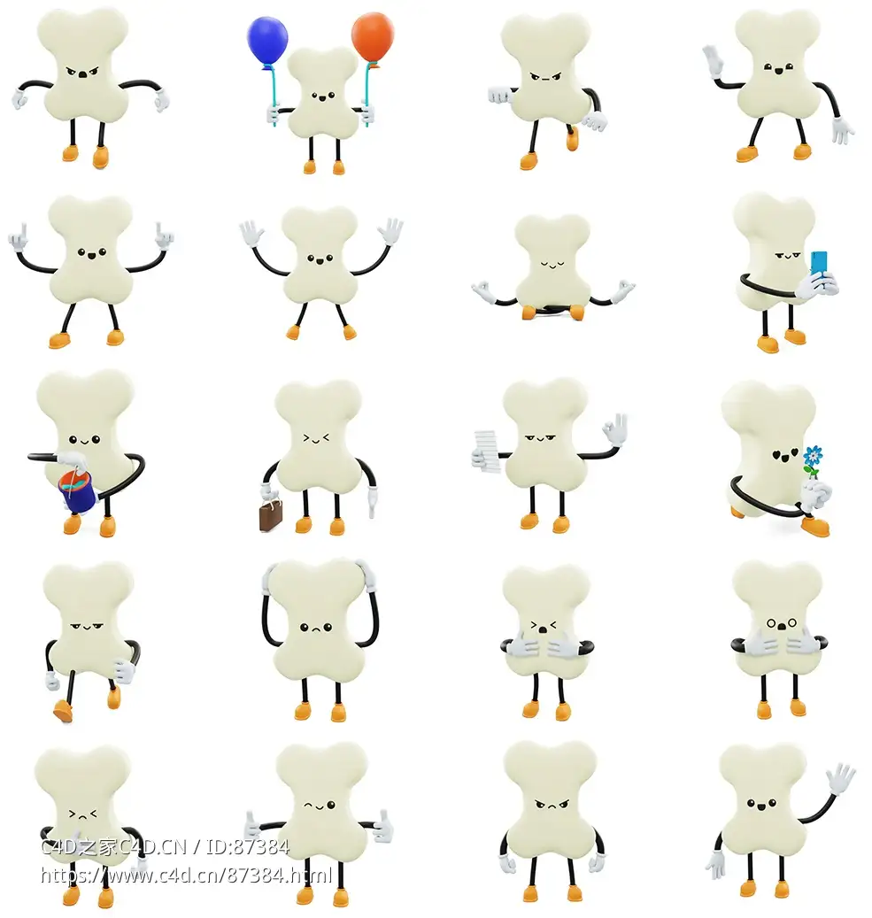 20个超萌创意骨头表情3D卡通角色模型合集下载合集支持C4D/Blender/OBJ多格式丰富姿势适用多场景渲染Bone - Social Media Emoji Character