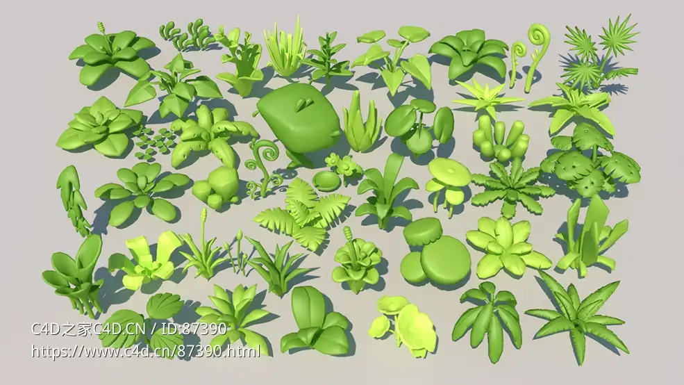 多样低面卡通风格植物装饰3D模型合集，支持C4D格式材质齐全适用于多平台场景搭建