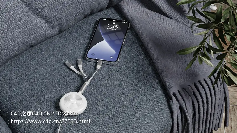 高精度沙发家居场景三合一USB伸缩手机充电数据线C4D模型含Redshift材质贴图免费下载