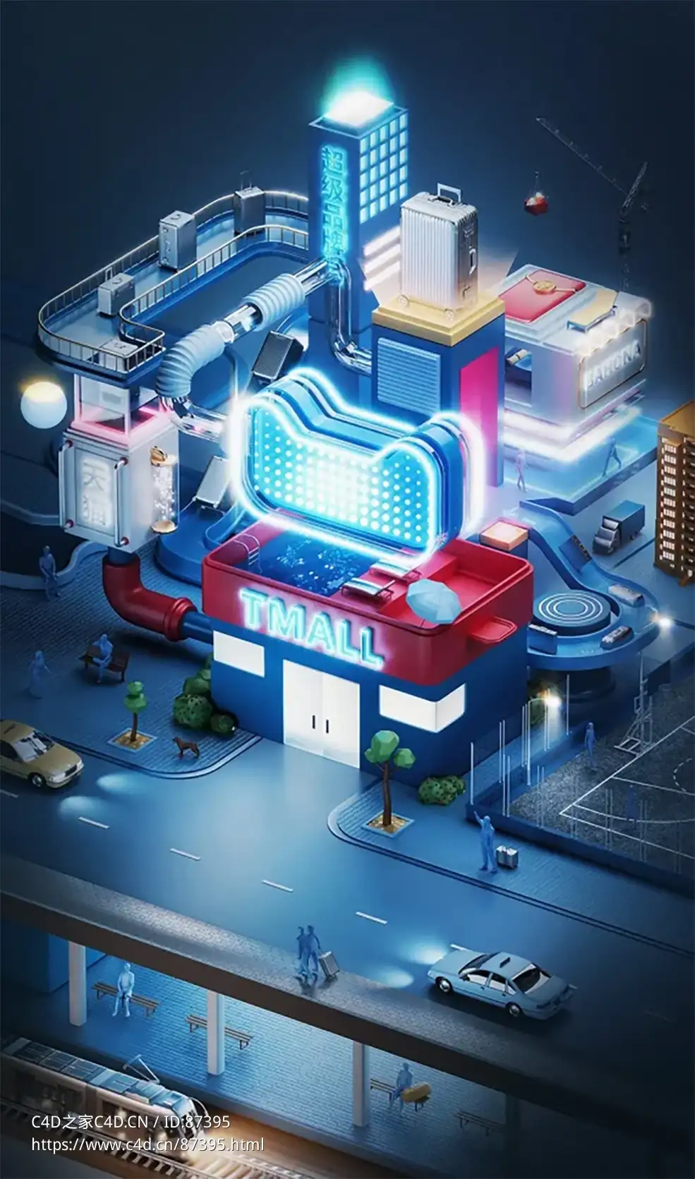 沉浸式未来城市天猫TMALL夜景电商活动C4D场景高精度3D建筑模型Redshift渲染工程资源包下载