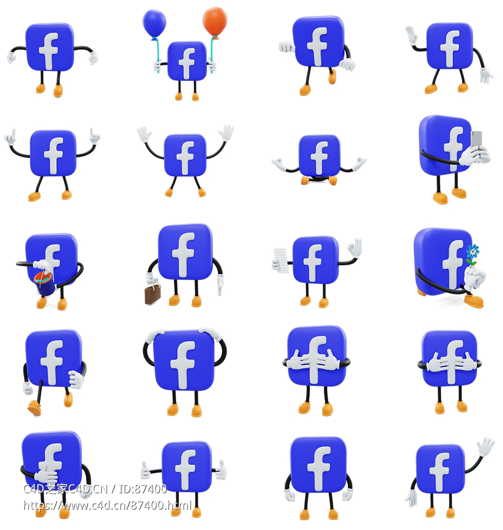 20个高精度卡通蓝色脸书Facebook LOGO 3D社交媒体动画角色表情图标模型合集下载，支持多平台兼容与场景应用FaceBook - Social Media Emoji Character