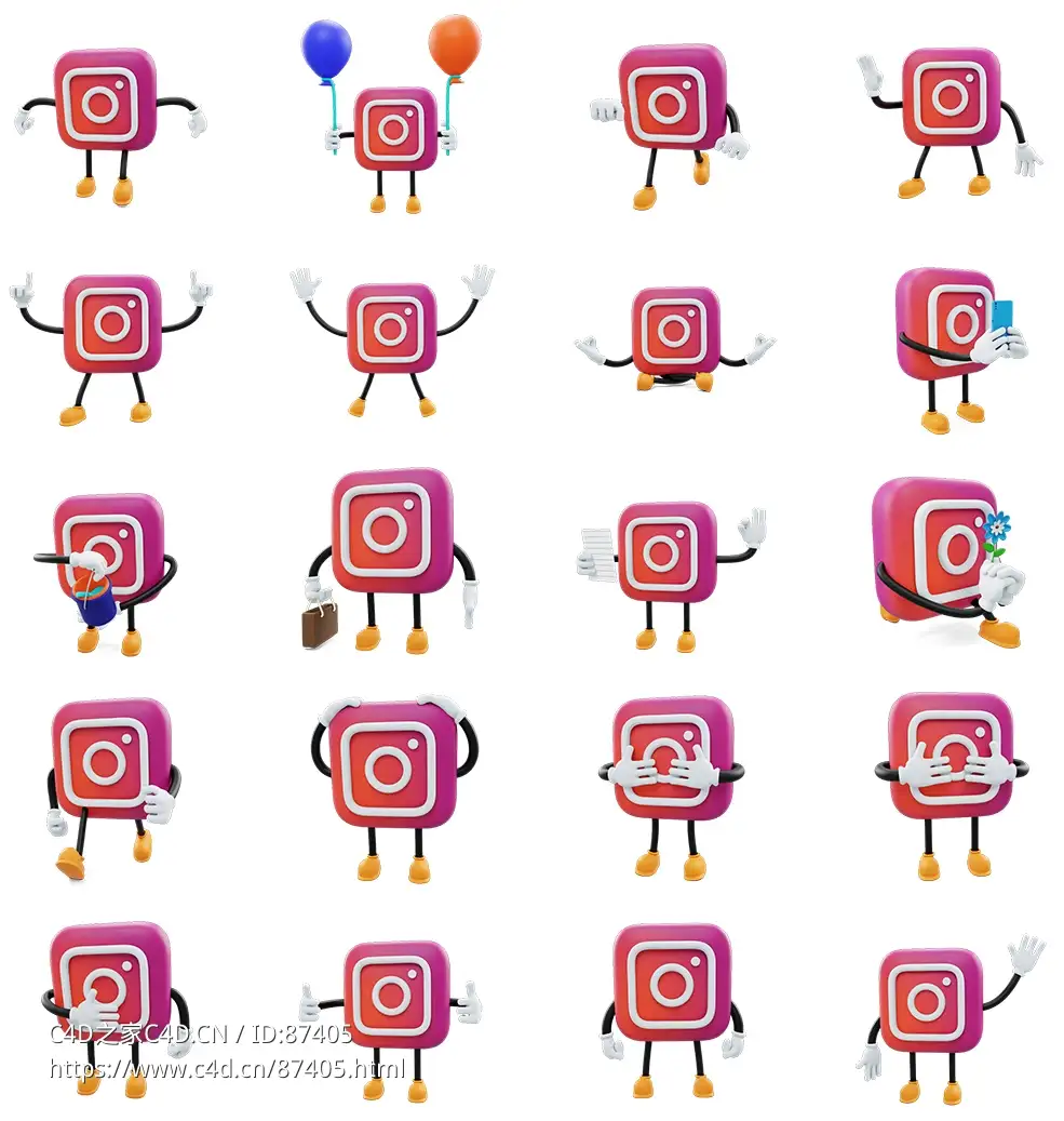 20组新潮社交媒体Instagram卡通LOGO动漫角色3D模型套装 含丰富姿势表情 多格式创意素材免费下载Instagram-Social Media Emoji Character