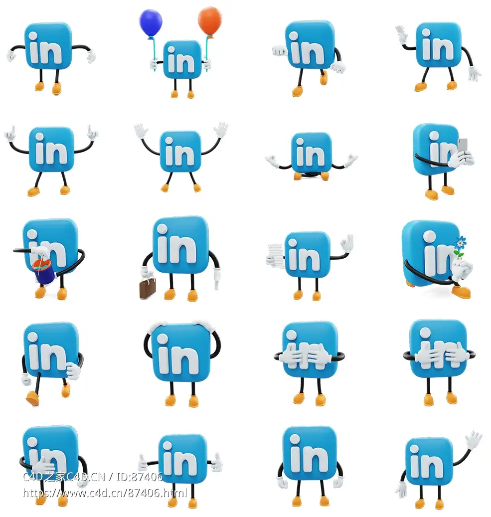 20个领英Linkedin卡通风格网站社交平台LOGO动漫角色3D模型全套下载，含丰富职场场景表情与姿势设计Linkedin- Social Media Emoji Character