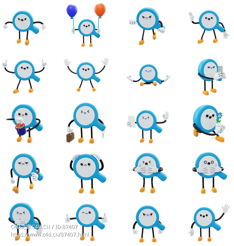 极具创意的20款卡通放大镜搜索图标LOGO 3D动漫角色模型合集，全格式下载高品质多表情多动作资源Megnifying-Social Media Emoji Character - C4D之家 - 1.jpg