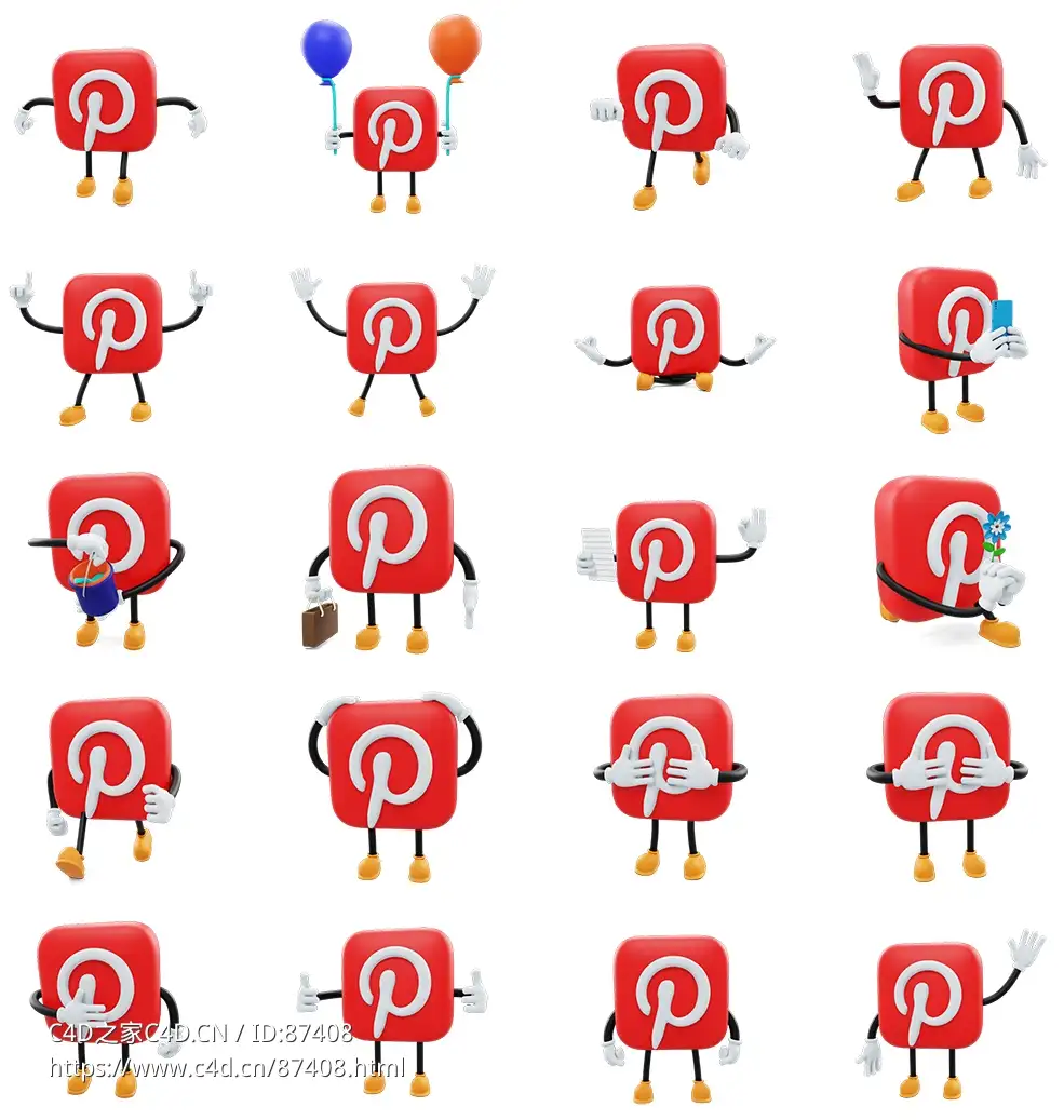 二十个超可爱Pinterest品趣志社交平台卡通LOGO动漫角色3D模型合集多姿势动态表情免费下载Pinterest-Social Media Emoji Character