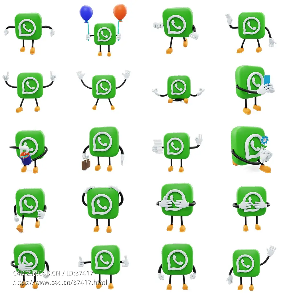 20个海量3D卡通绿色Whatsapp社交媒体表情包角色模型合集，支持多平台动画渲染与表情动画开发应用下载Whatsapp-Social Media Emoji Character