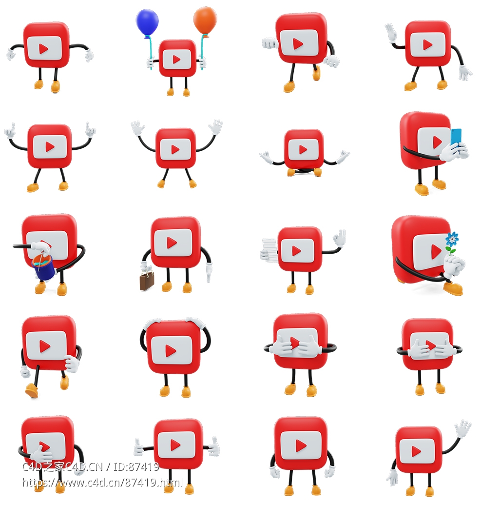 20组卡通红色YouTube视频网站社交媒体3D图标logo角色高精度模型资源免费下载合集Youtube- Social Media Emoji Character
