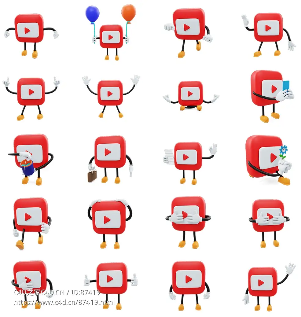 20组卡通红色YouTube视频网站社交媒体3D图标logo角色高精度模型资源免费下载合集Youtube- Social Media Emoji Character