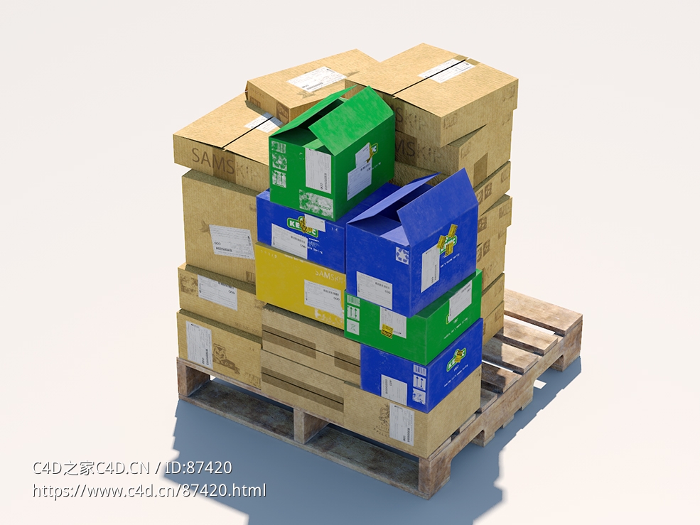 适用于快递仓库物流场景的多色多规格纸盒包装与木托盘C4D三维模型含贴图材质下载资源