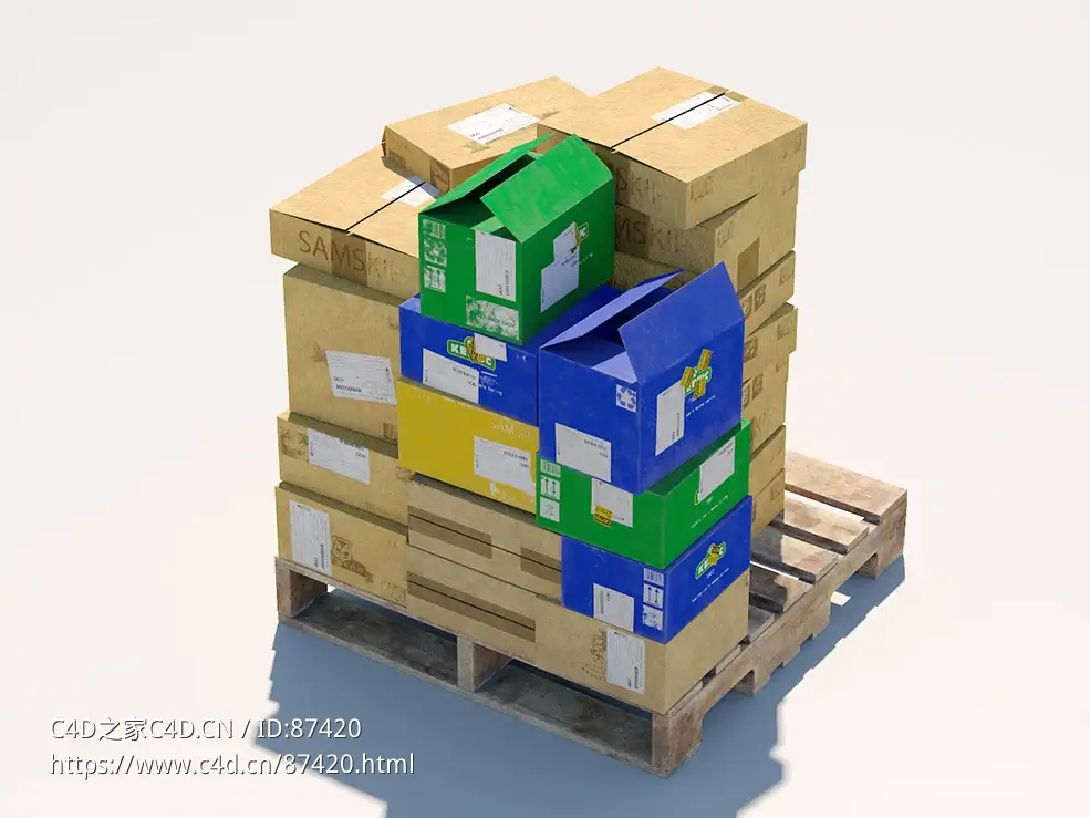 适用于快递仓库物流场景的多色多规格纸盒包装与木托盘C4D三维模型含贴图材质下载资源