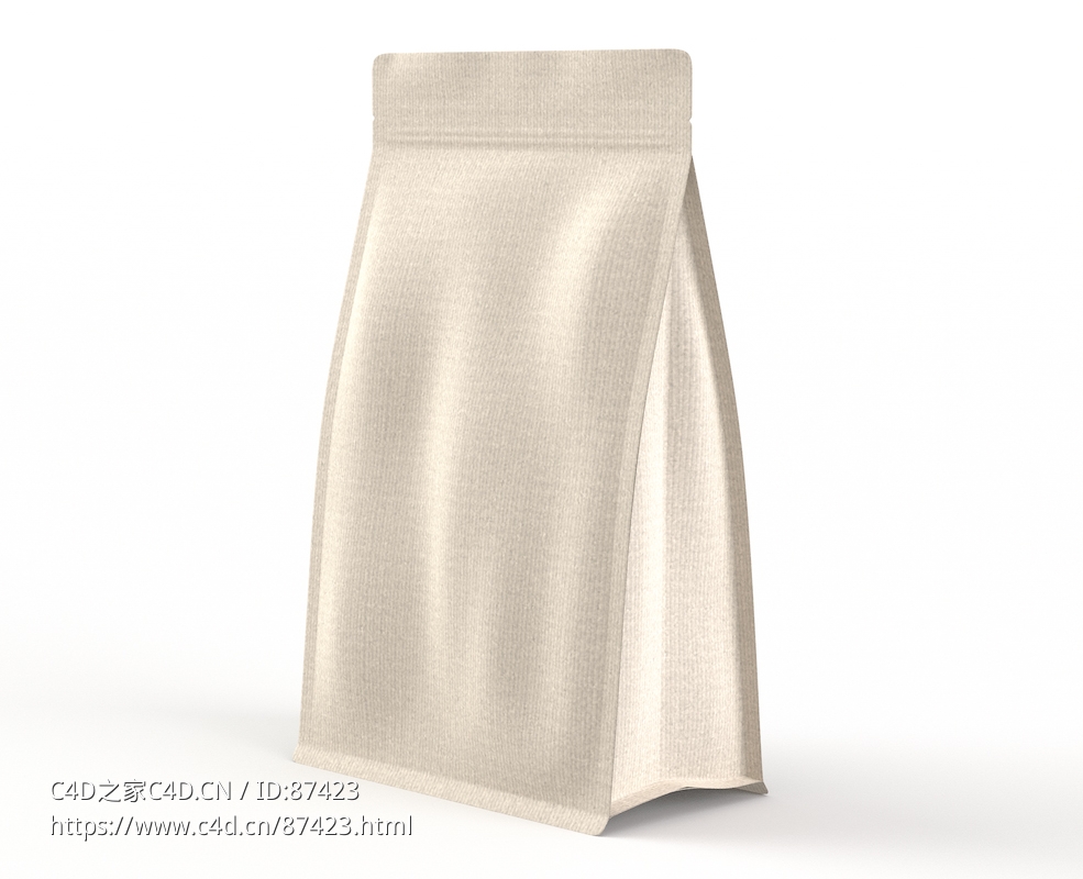 高精度纸袋食品包装袋3D模型下载，C4D格式无材质贴图，自立袋可定制渲染场景必备资源