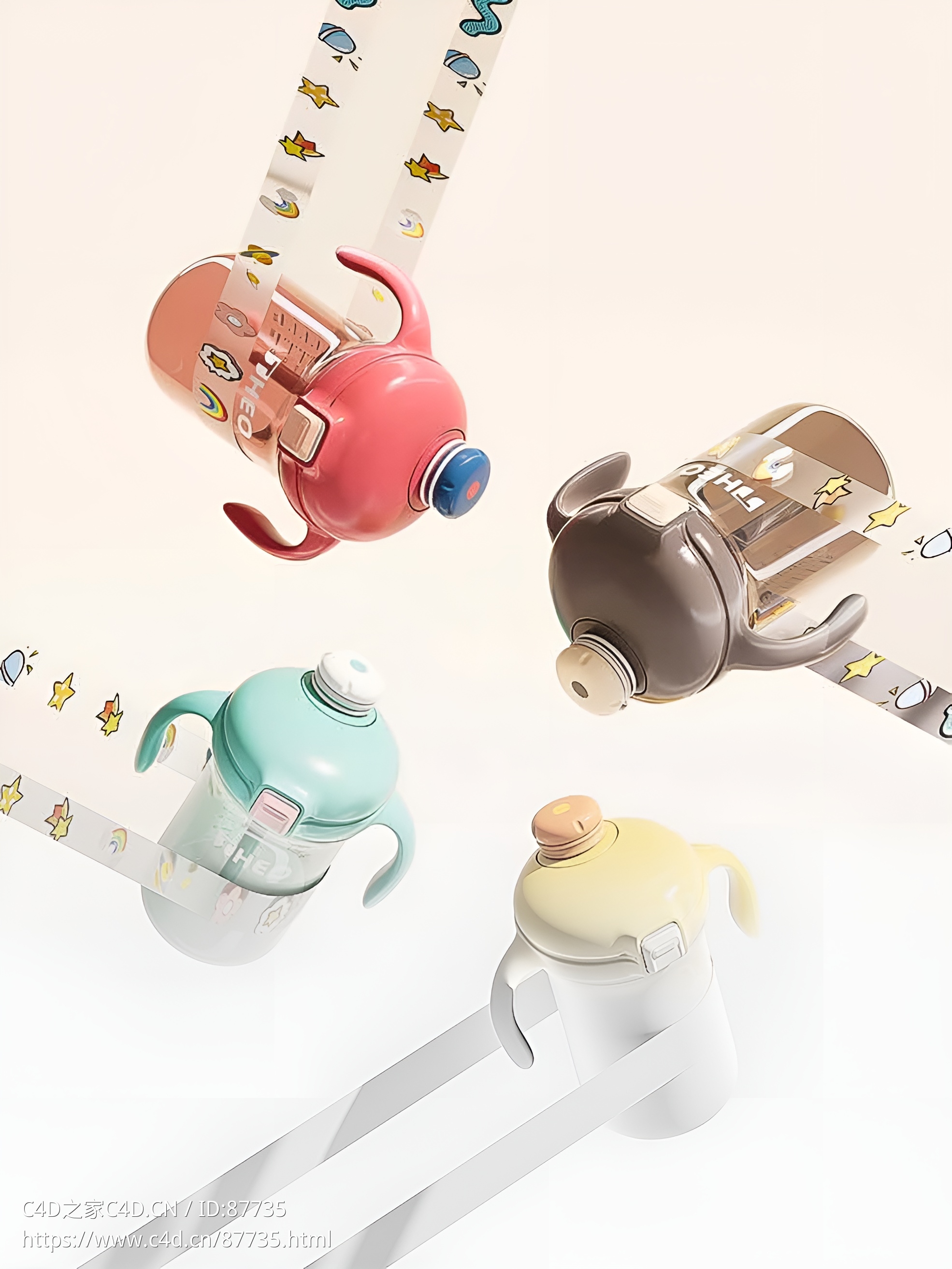 Cinema 4D Octane渲染高精度母婴奶瓶卡通手柄吸管杯3D模型工程下载资源