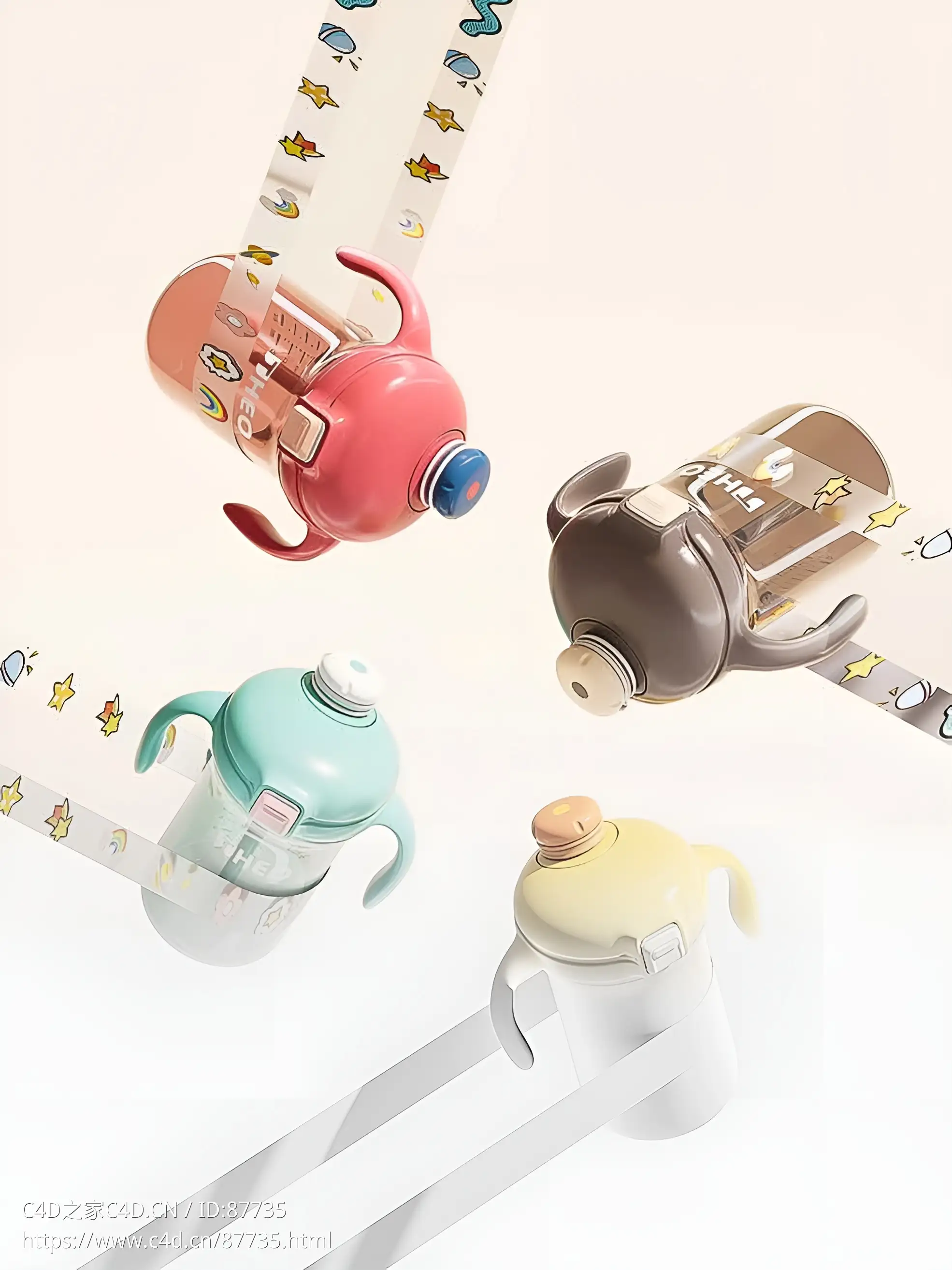 Cinema 4D Octane渲染高精度母婴奶瓶卡通手柄吸管杯3D模型工程下载资源