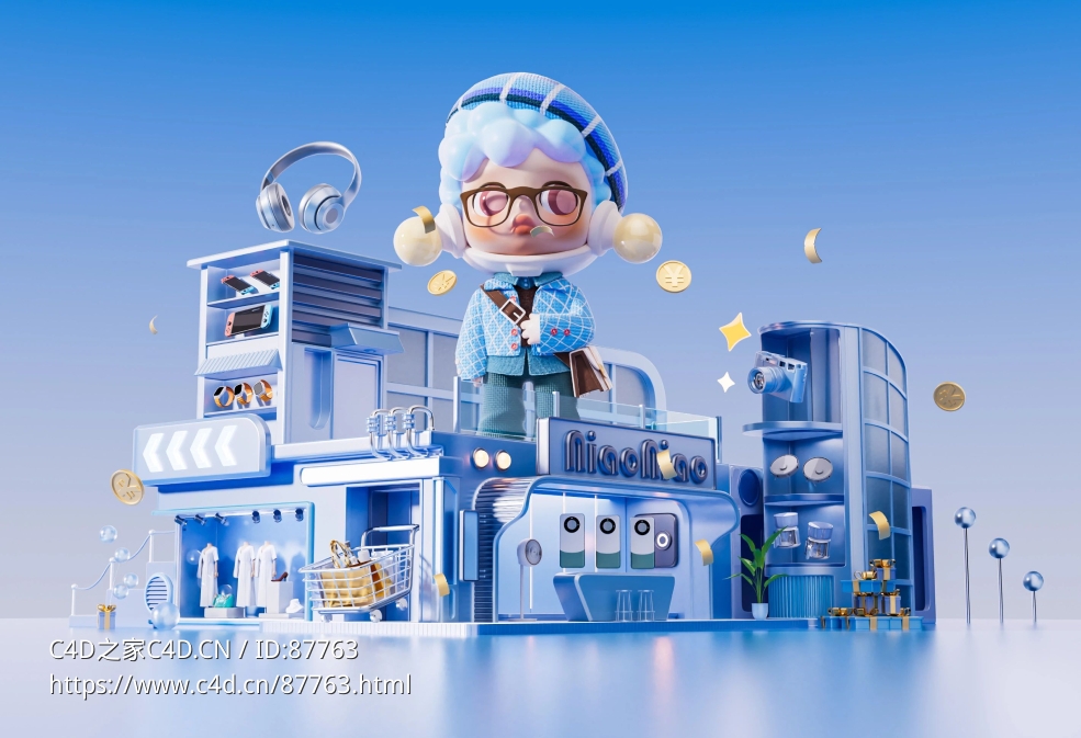 极致蓝色科技感Q萌电商海报3D模型C4D工程含Octane贴图材质高精度全场景可编辑文件免费下载