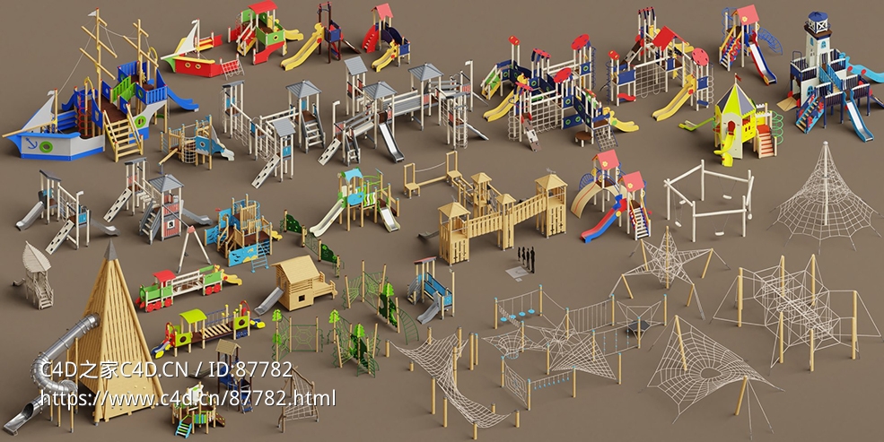 最新39套儿童游乐场设施3D模型资源包，卡通主题滑梯秋千攀爬塔FBX/OBJ/C4D多格式免费下载AD Playtowers