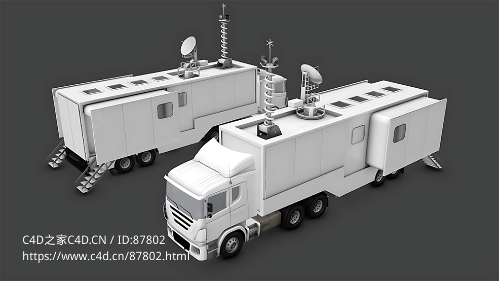 超高精度电视卫星广播卡车3D模型下载，含.c4d与.obj格式及全套贴图支持动画渲染兼容多软件Satellite Uplink TV Broadcast Truck 3D Model