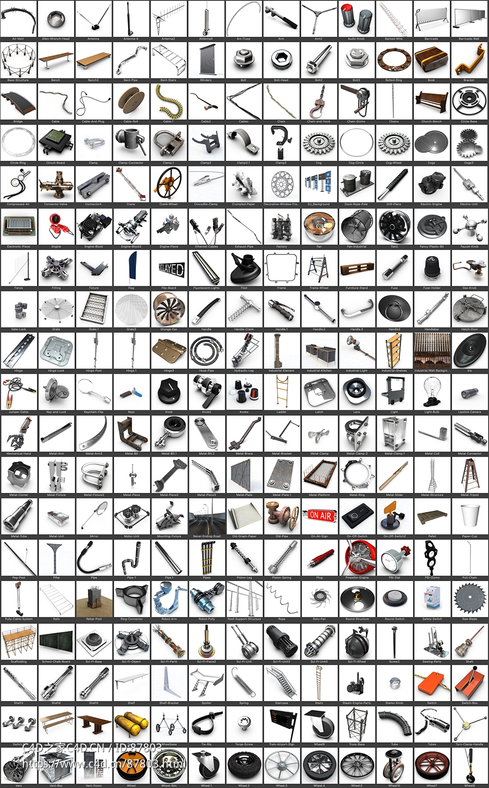 超全248款工业五金工具C4D模型套装_高精细机械零件模型库_含贴图工程设计3D资源免费下载Designers Pack 3D Kitbash Models