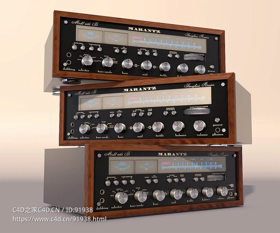 高精度复古Marantz音响接收机3D模型下载，含C4D与OBJ格式及贴图材质，适用于场景渲染和展示设计3D Model: Marantz Audio Receiver