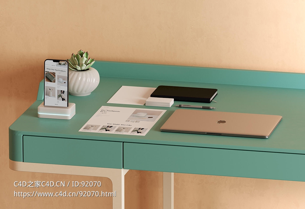 Cinema 4D现代办公桌与数码设备高精度写实场景模型下载，含OC/RS/Corona三种主流渲染器兼容工程C4D Studio: Desk Scene Design Mockup