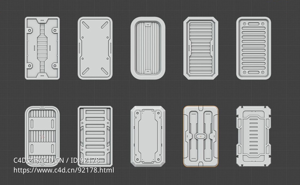 赛博朋克风机甲门窗井盖科幻贴花纹理模型合集，包含多款矩形Decal样式与高分辨率4K烘焙PBR贴图，并附Blender/C4D/OBJ源文件可编辑可导出Decal Sheet 01