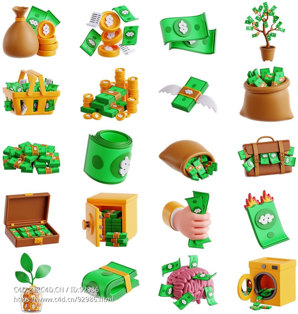 Dollar Money - 3D Icon Set卡通风格货币图标全集，包含.c4d、.fbx、.obj三格式导出与贴图材质，适用于广告演示、教学练习及原型设计的高品质财富主题3D资源
