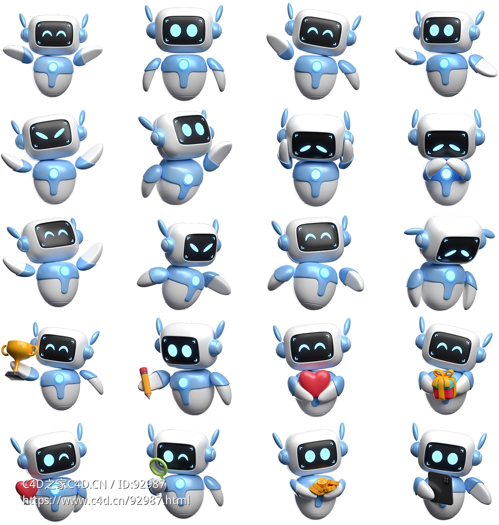 20个萌系科技机器人3D模型合集：多姿态可爱机器人角色建模素材下载Robot Activity 3D Illustrations - 3D Icon Set