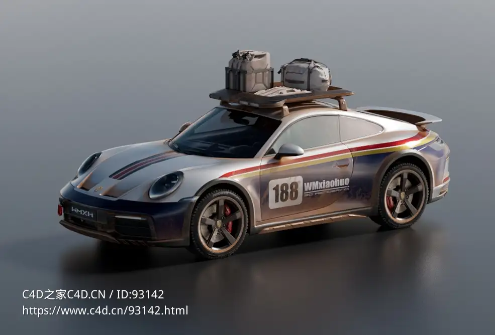 高精度保时捷911 Dakar 188拉力赛主题整车三维模型含全套贴图材质与OC渲染灯光C4D工程文件下载