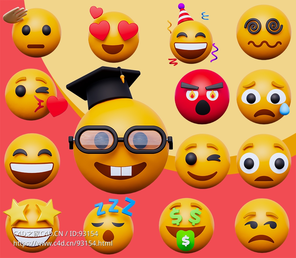 15个卡通Emoji表情图标3D模型合集下载-愤怒、开心、失落、疑惑等多场景高精度立体表情包素材Collection Emoji 3D Icon Pack