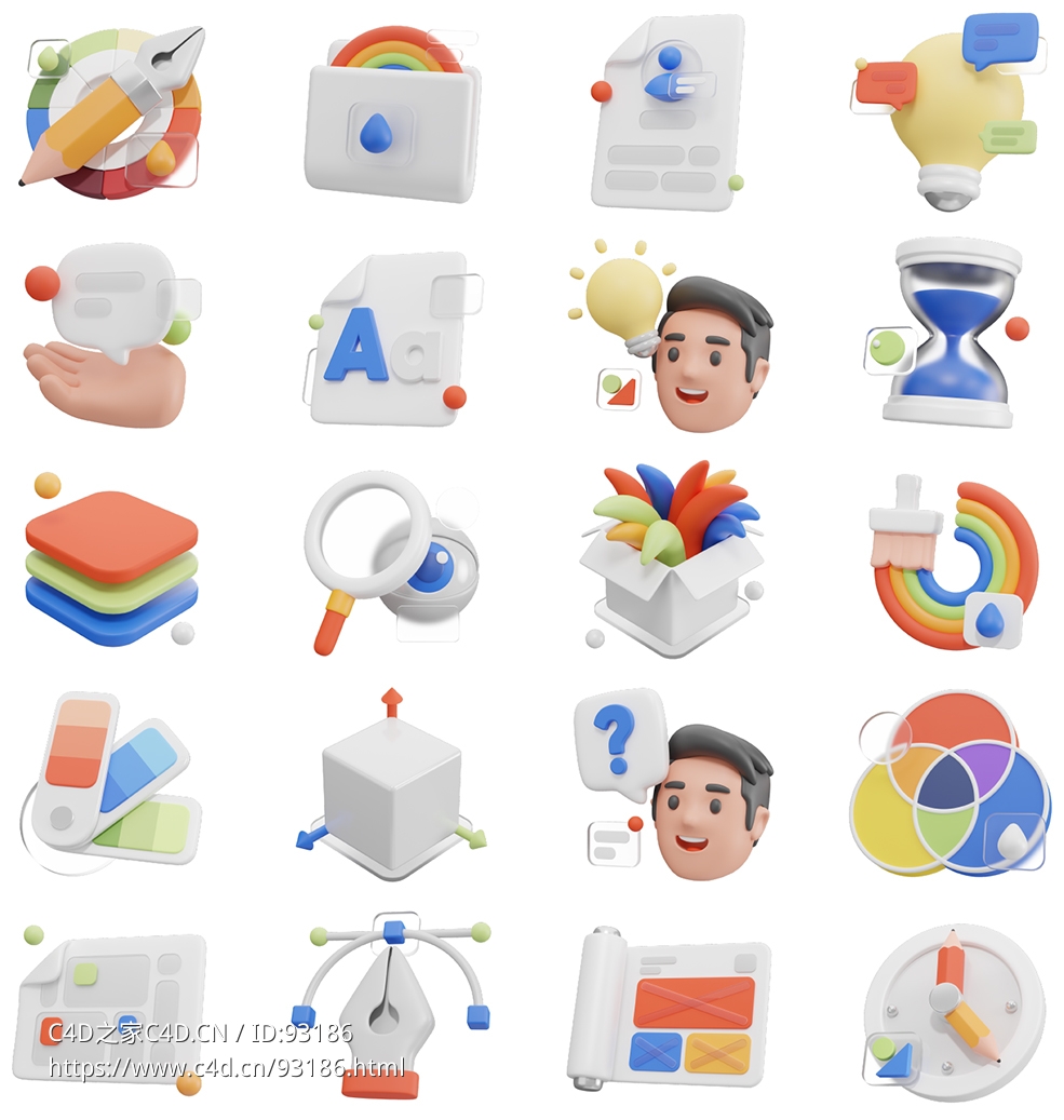 20套3D卡通图标集合包含色轮、创意概要、简历、讨论思考等全流程设计素材，满足多种互联网创作场景需求UI8 - Graphy - Graphic Design 3D Icon Set