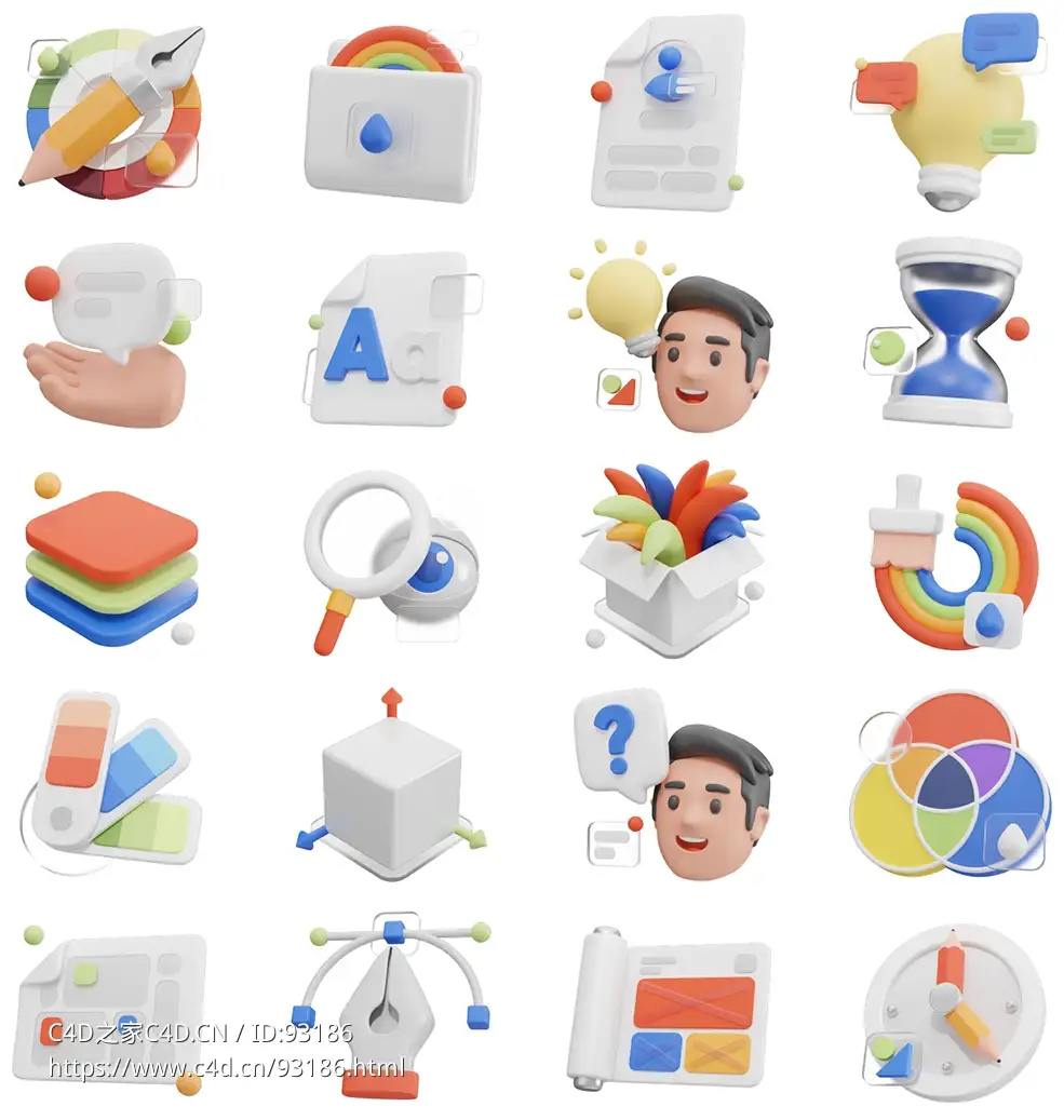 20套3D卡通图标集合包含色轮、创意概要、简历、讨论思考等全流程设计素材，满足多种互联网创作场景需求UI8 - Graphy - Graphic Design 3D Icon Set