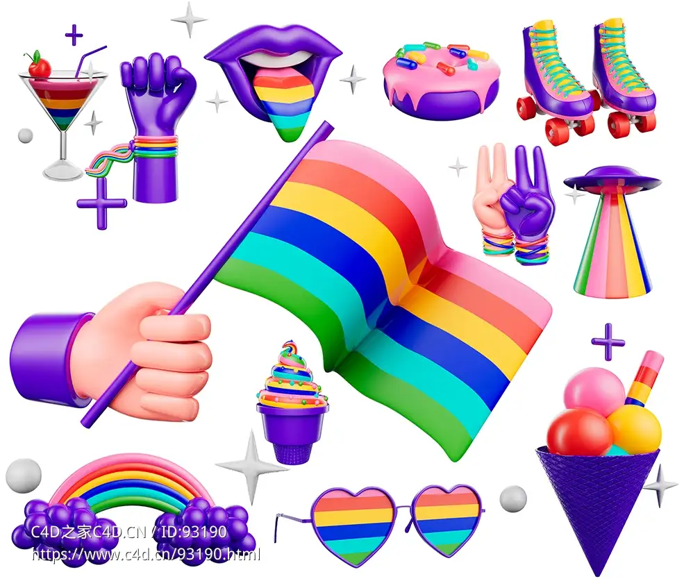 12个彩虹LGBTQ+骄傲庆典3D模型合集免费下载，支持OBJ和C4D格式，适用于节日宣传与平面设计LGBT 3D Illustration Pack